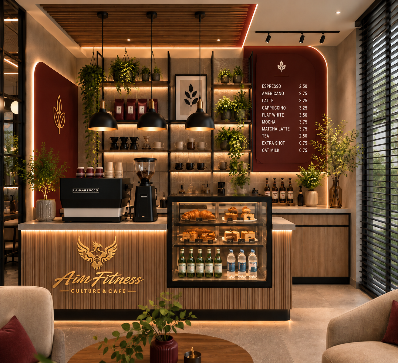 The Aim Fitness Culture & Cafe counter and seating area